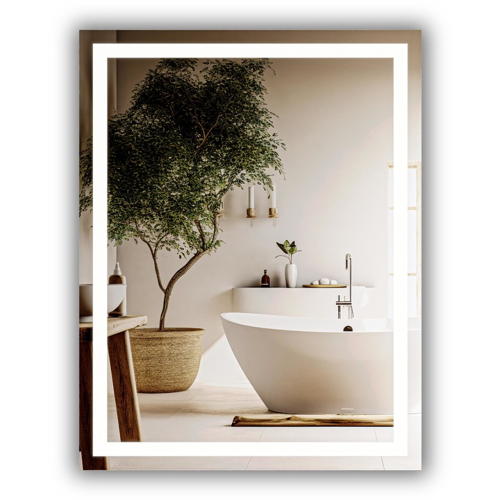 Oglinda pentru baie cu iluminare LED, Home & Decor, Classa A, Sticla, Suspendat, Cu iluminare integrata in interiorul panoului, Calda, Afrodyta, 80 x 100 cm