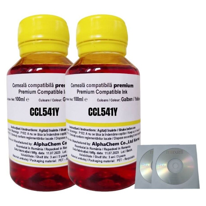 Set Flacon Cerneala AlphaChem Compatibil Canon 2x100ml CL-541Y Galben si 2 Cdr Maxell cu plic