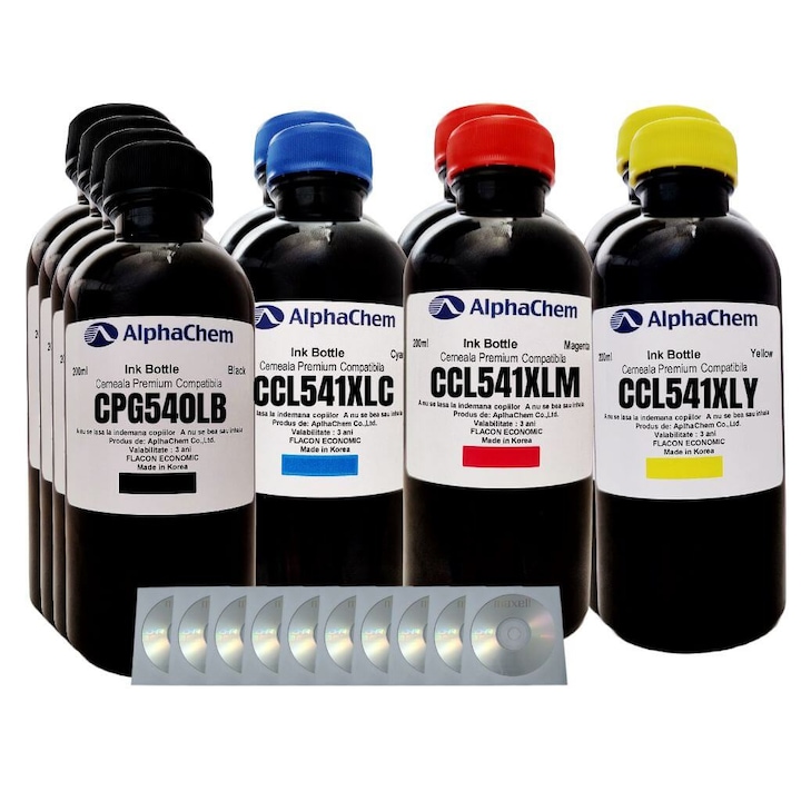 Set Flacon Cerneala AlphaChem Compatibil Canon 4x200ml PG-540XL Negru, 2x200ml CL-541XLC Cyan, 2x200ml CL-541XLM Magenta, 2x200ml CL-541XLY Galben si 10 Cdr Maxell cu plic