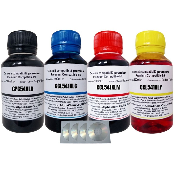 Set Flacon Cerneala AlphaChem Compatibil Canon 1x100ml PG-540XL Negru, 1x100ml CL-541XLC Cyan, 1x100ml CL-541XLM Magenta, 1x100ml CL-541XLY Galben si 4 Cdr Maxell cu plic