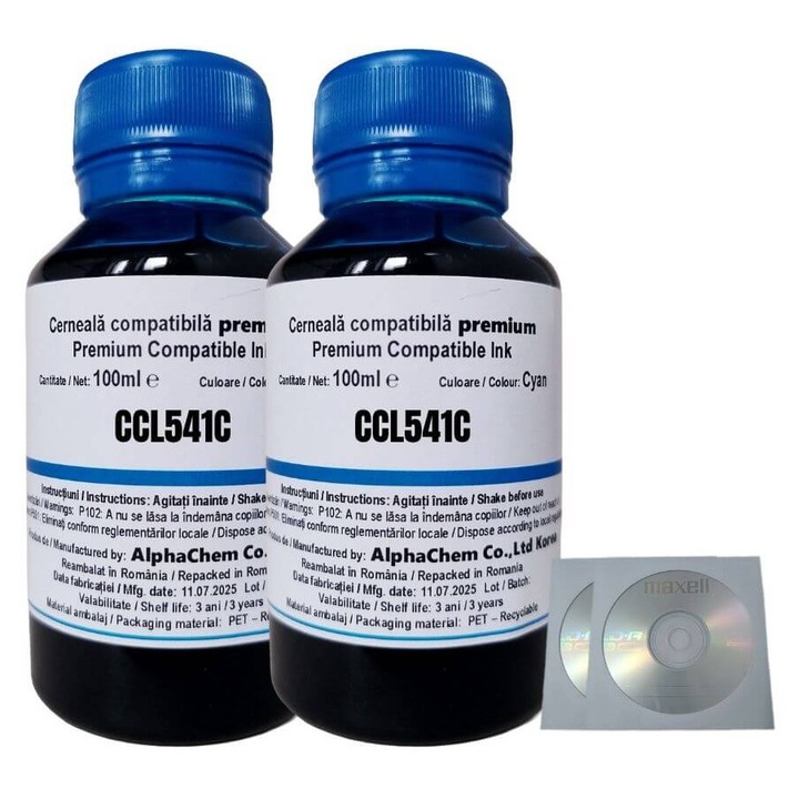 Set Flacon Cerneala AlphaChem Compatibil Canon 2x100ml CL-541C Cyan, 2buc Cdr Maxell cu plic
