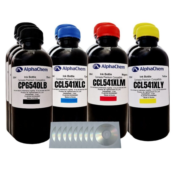 Set Flacon Cerneala AlphaChem Compatibil Canon 3x200ml PG-540XL Negru, 2x200ml CL-541XLC Cyan, 2x200ml CL-541XLM Magenta, 2x200ml CL-541XLY Galben si 9 Cdr Maxell cu plic