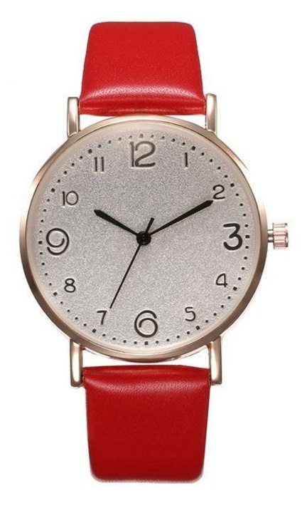 Ceas de Dama, Model Reloj, Piele, Rosu/Gri/Auriu
