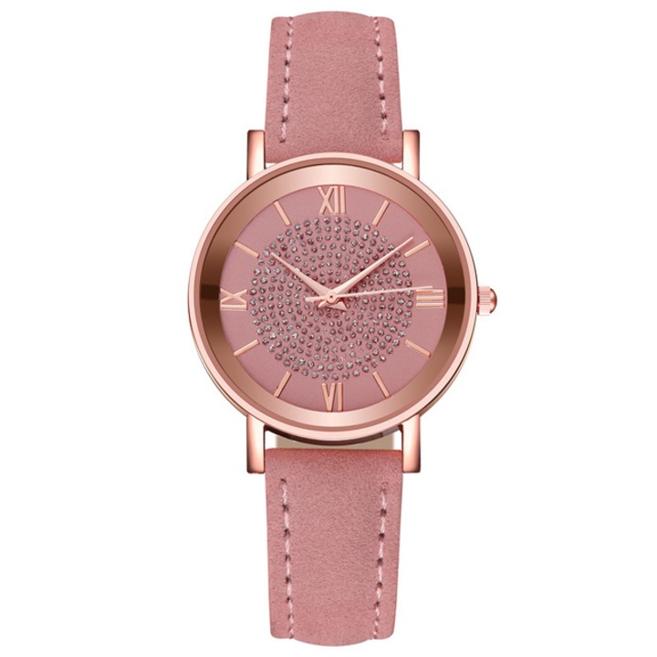 Ceas Soare, Strasuri, Leather Effect, Roz si Rose-Gold