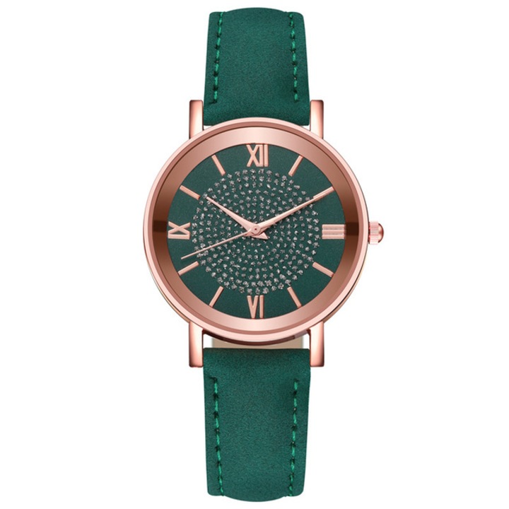Ceas Soare, Strasuri, Leather Effect, Verde si Rose-Gold