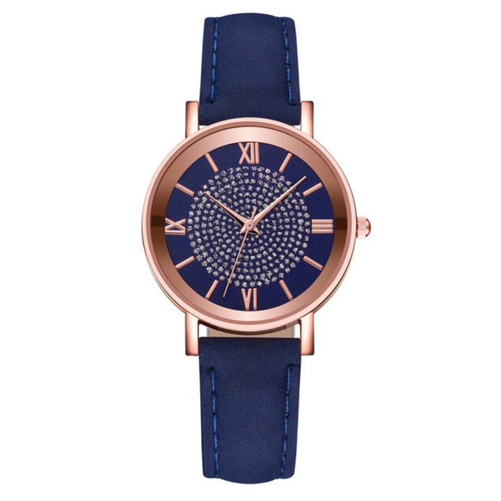 Ceas Soare, Strasuri, Leather Effect, Bleumarin si Rose-Gold