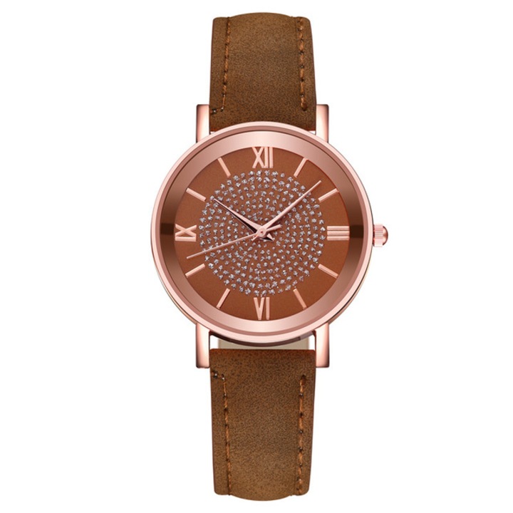 Ceas Soare, Strasuri, Leather Effect, Maro si Rose-Gold