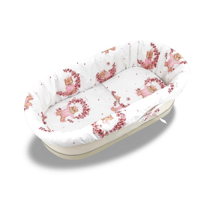 Set pentru landou/cosulet, MimiNu, Design Betty, Cu protectie, saltea si pernuta, Din bumbac certificat Oeko Tex Standard 100, Alb/Roz