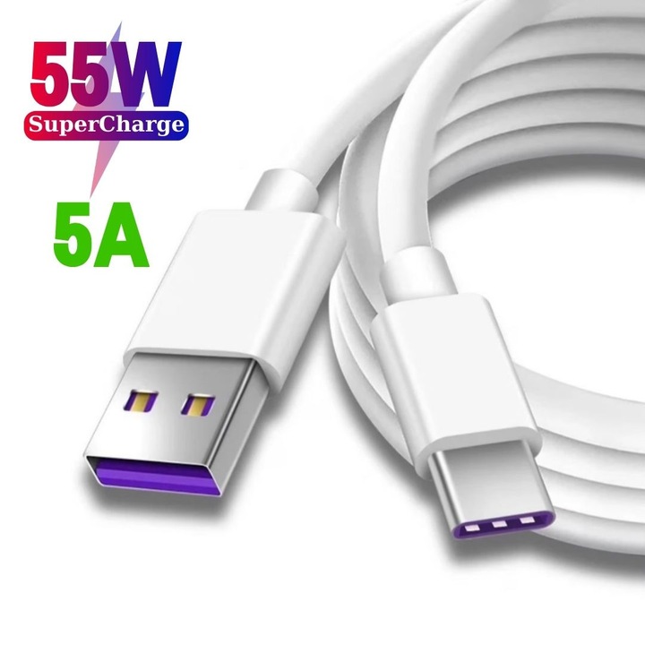 Cablu date si incarcare rapida 5A, AHA PRINT®, SuperCharge 55W - 40W - 22.5W pentru Huawei, compatibil Samsung, Xiaomi, Oppo, OnePlus, PREMIUM, USB la USB-C, Type C, 2m, alb