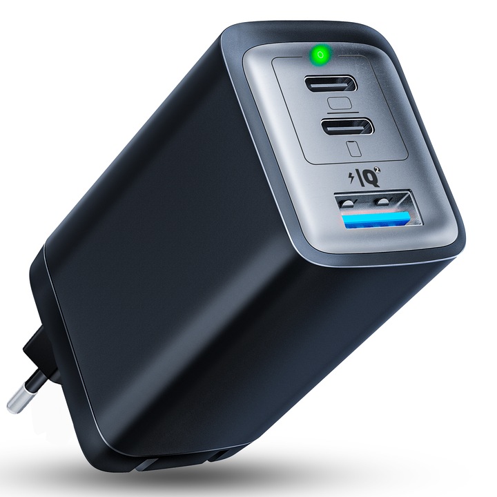 Мрежово зарядно устройство Timebox, 3 порта, 65 W бързо зареждане, 2 x Type-C, 1 x USB, LED, съвместим лаптоп, Macbook, iPhone, Samsung Galaxy/Tab, Xiaomi, Huawei, черен