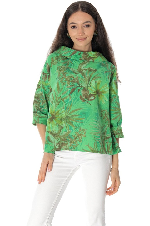 Bluza oversize din bumbac cu imprimeu floral, verde, ROH Br2758, Onesize