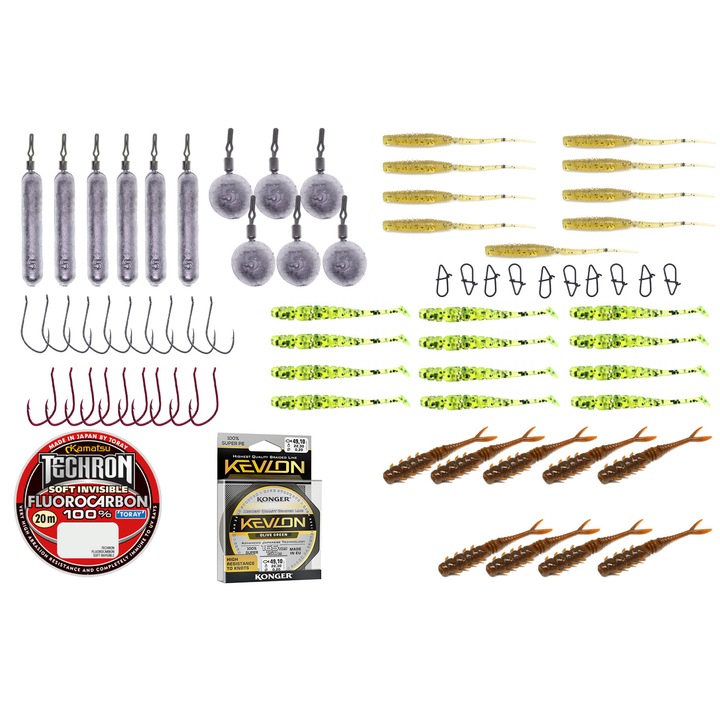 Set momeli artificiale Drop shot Mix1, 74 de piese: 12 plumbi drop-shot, 20 carlige drop-shot, 30 naluci soft, 10 agrafe duo-lock, o rola de fir fluorocarbon Kamatsu Toray 20m si o rola de fir textil Konger Kevlon X4 150m, pentru pescuitul la rapitori