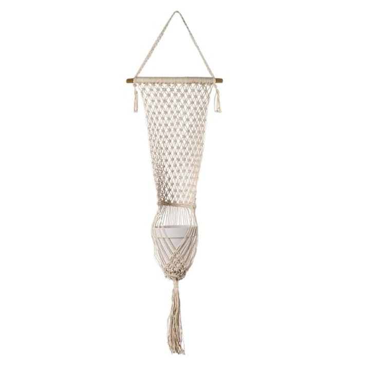 Висяща поставка за саксия от макраме с основа и решетки, бежова, 115 см