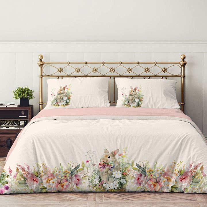 Lenjerie Paste pat dublu, bumbac 100% ranforce, 4 piese, 240 x 260 cm, Club Cotton Digital, Vinca