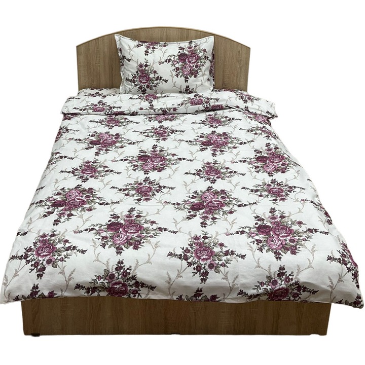 Единично спално бельо, цвят бяло/бордо за матрак 90см от колекция "Букет цветя от Liz Line" от 100% памук - LS246