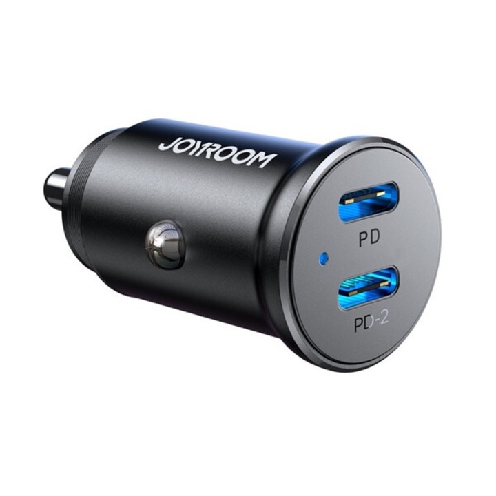 Joyroom autós töltő 2 type-c aljzat, 30w, pd gyorstöltő, led jelzés, fekete
