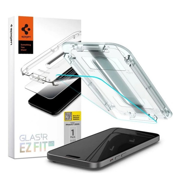Spigen ez fit hd képernyővédő üveg, 2.5d, tokbarát, ultravékony, 0.2mm, 9h + segédkeret, átlátszó, kompatibilis: Apple iPhone 16 / iPhone 15