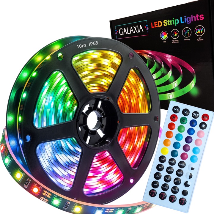 Водоустойчива LED лента 10 метра, IP65, RGB(W) GALAXIA®, Bluetooth, Приложение за телефон, Дистанционно управление, Музикален режим, Силно залепване