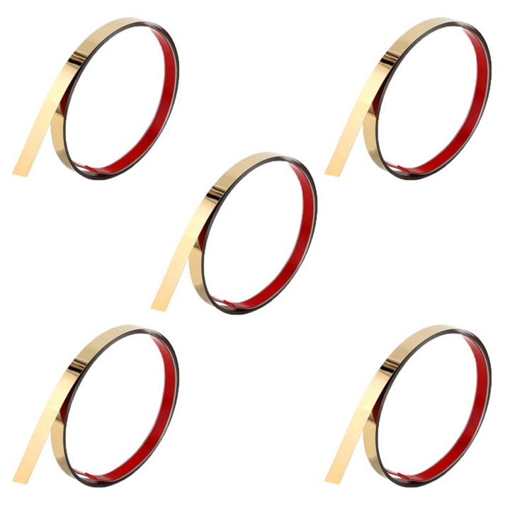 Set 5 x Rola Banda Decorativa Autoadeziva EDAR Din Otel Inoxidabil Nichelat, Dimensiune 200 x 1 cm, Pentru Design Perete, Tavan, Podea, Mobilier, Efect de Oglinda, Rezistenta La Apa, Aurie
