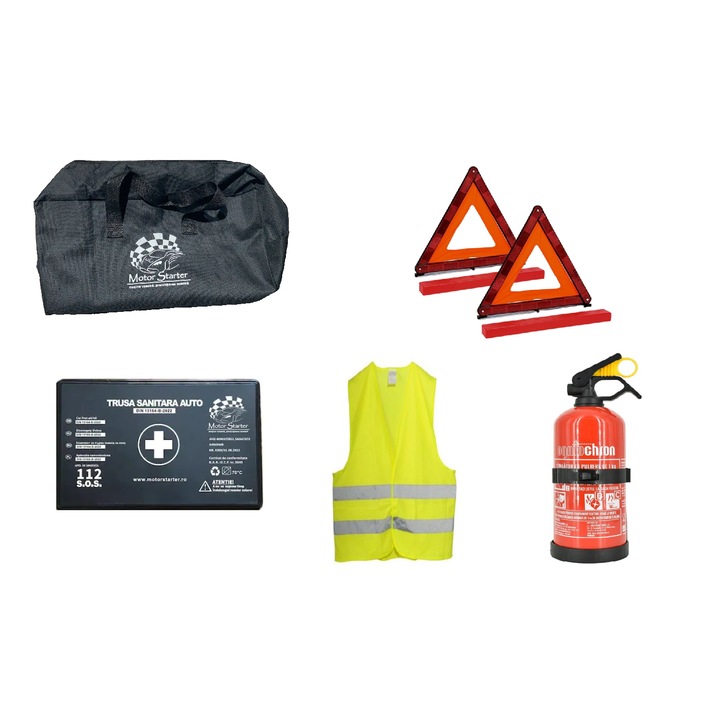 Kit siguranta auto MOTOR STARTER™, Geanta, Vesta, Trusa medicala, 2 Triunghiuri, Stingator P1 cu suport