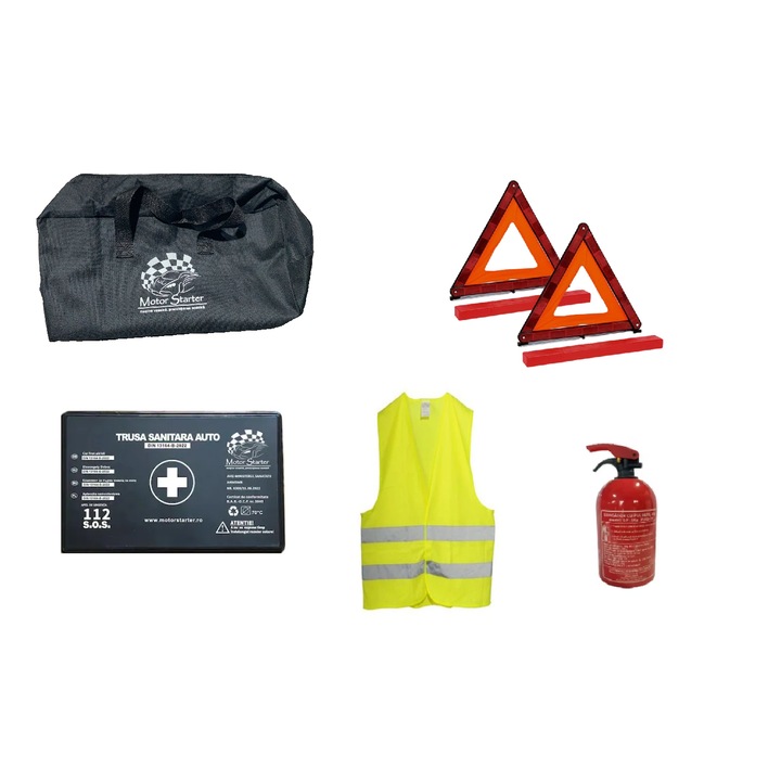 MOTOR STARTER™ комплект за безопасност на автомобила, чанта, жилетка, медицински комплект, пожарогасител 1 кг, 2 триъгълника