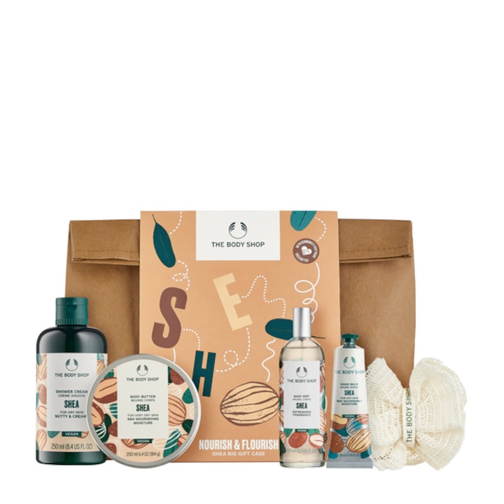 Set Nourish & Flourish Shea, Crema de dus Shea 250ml+Unt de corp Shea 200ml+Spray pentru corp Shea 100ml+Balsam de maini Shea 30ml+Burete mare de baie, The Body Shop