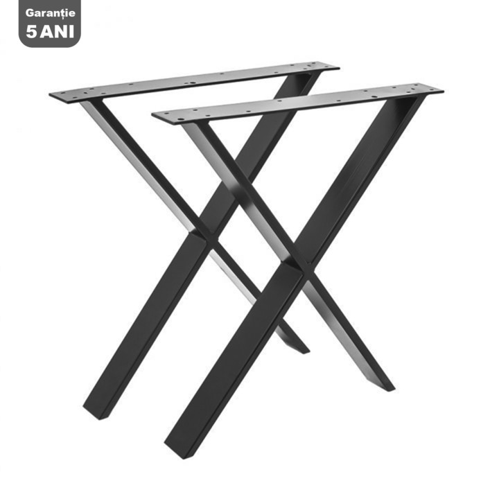 Set 2 picioare masa stil scandinav Forma X, Profil Lat, Vopsire in camp electrostatic, FInisaje Premium, BalustradeTM, Metal Negru H72x50x8 cm
