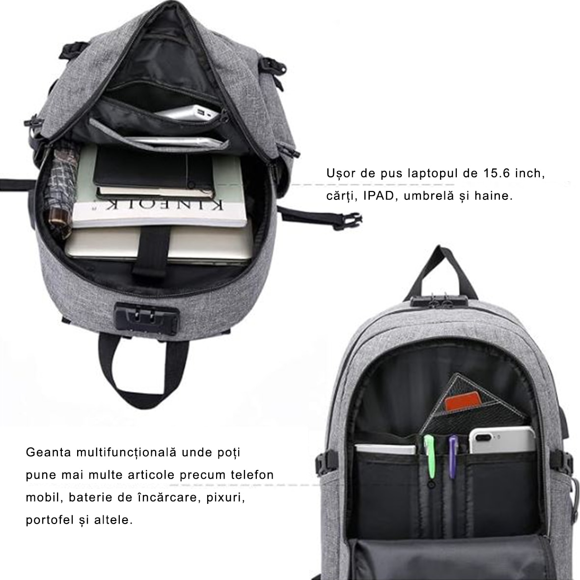 Rucsac Pentru Laptop Antifurt Multifunctional, Joystos, 45x30x19 cm, Gri