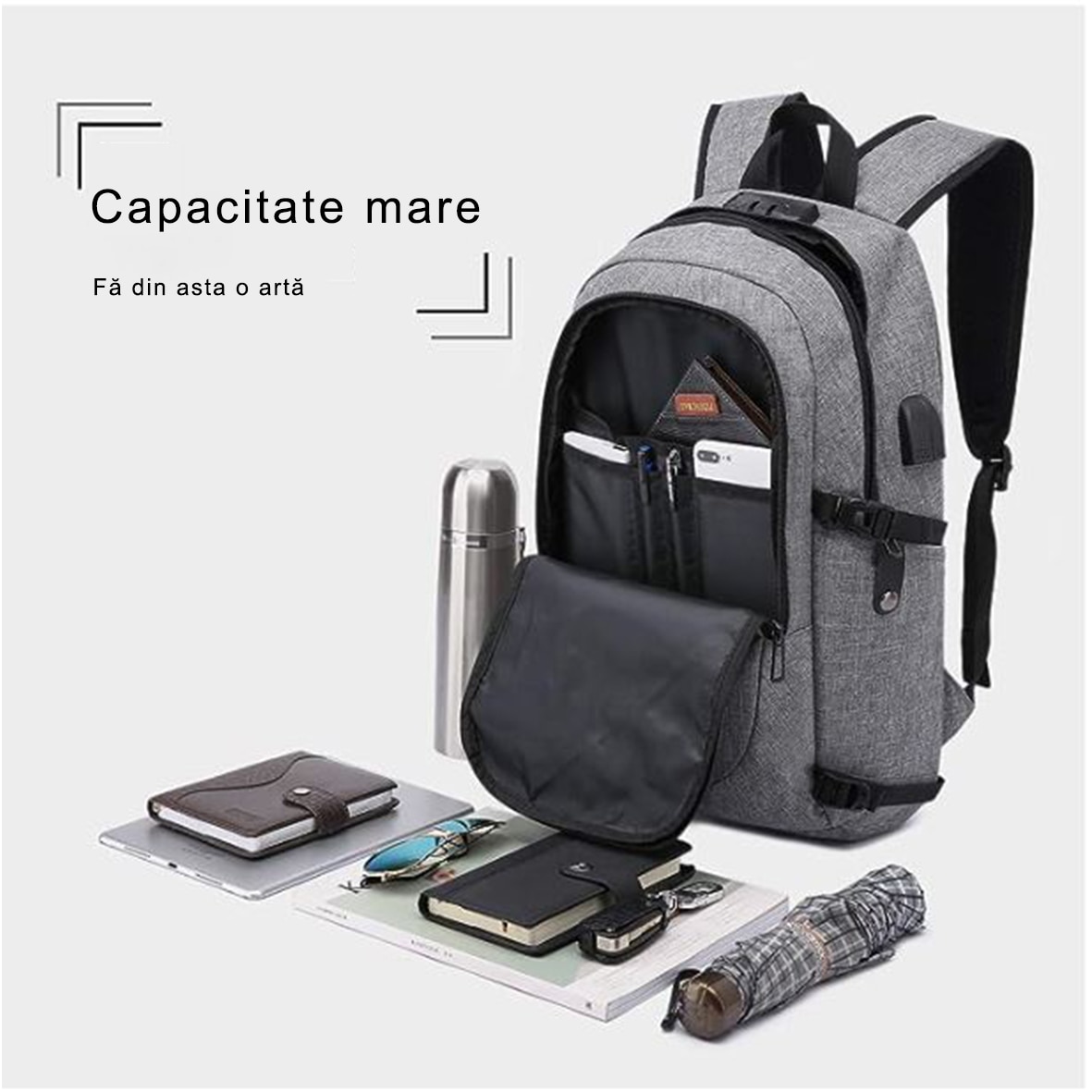 Rucsac Pentru Laptop Antifurt Multifunctional, Joystos, 45x30x19 cm, Gri