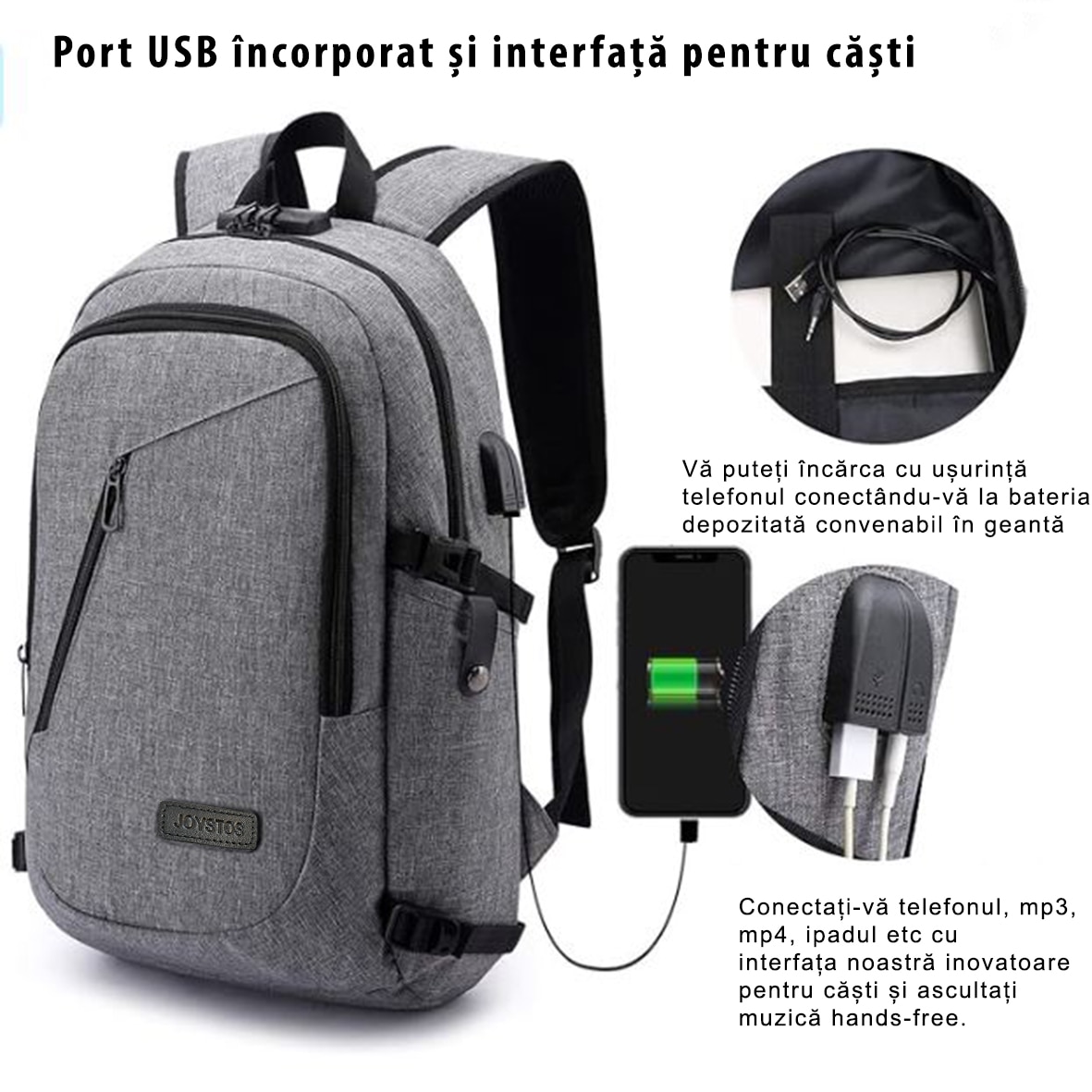 Rucsac Pentru Laptop Antifurt Multifunctional, Joystos, 45x30x19 cm, Gri