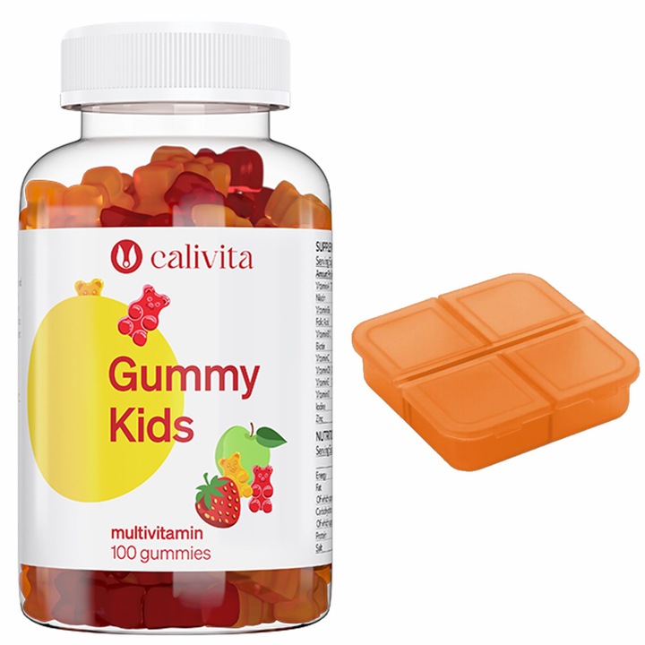 Set multivitamine copii si cutie pilule, jeleuri multivitamine, Gummy Kids, 100 jeleuri, CaliVita
