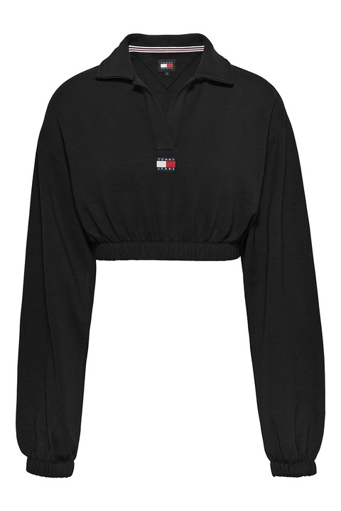 Tommy Jeans, Bluza crop cu decolteu polo, Negru