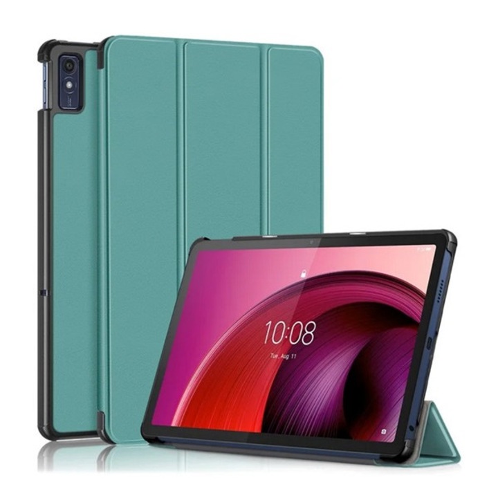 Gigapack tabletvédő álló, bőr hatású, aktív flip, oldalra nyíló, trifold, asztali tartó, sötétzöld, kompatibilis: Lenovo Tab M10 5G, TB-X607