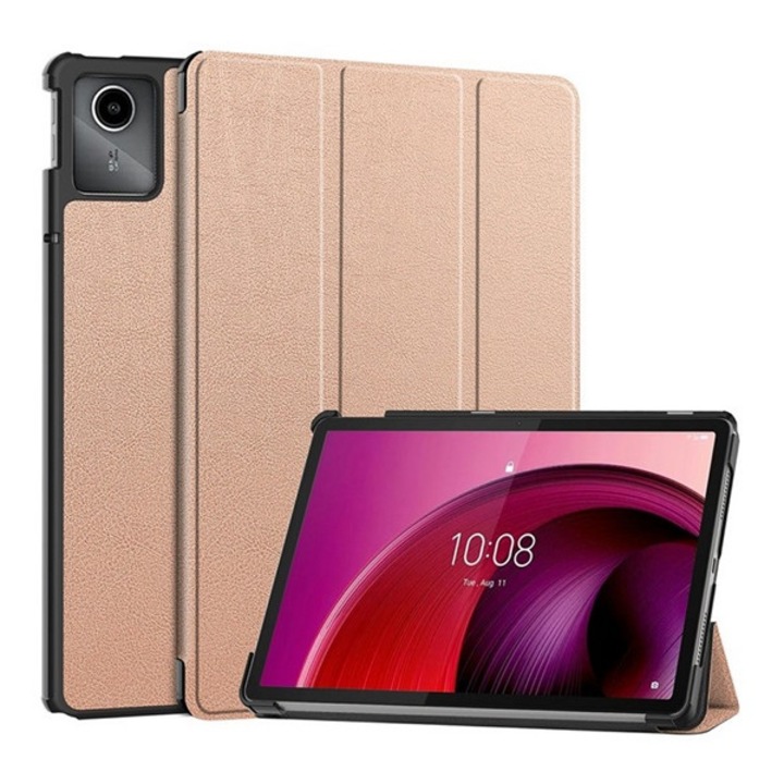 Gigapack tabletvédő álló, bőr hatású, aktív flip, oldalra nyíló, trifold, asztali tartó, rozéarany, kompatibilis: Lenovo Tab M11, TB330