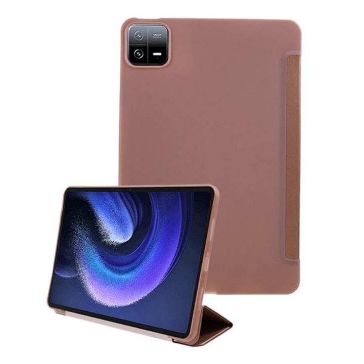 Gigapack tabletvédő álló, bőr hatású, aktív flip, oldalra nyíló, trifold, asztali tartó, rozéarany, kompatibilis: Xiaomi Pad 6