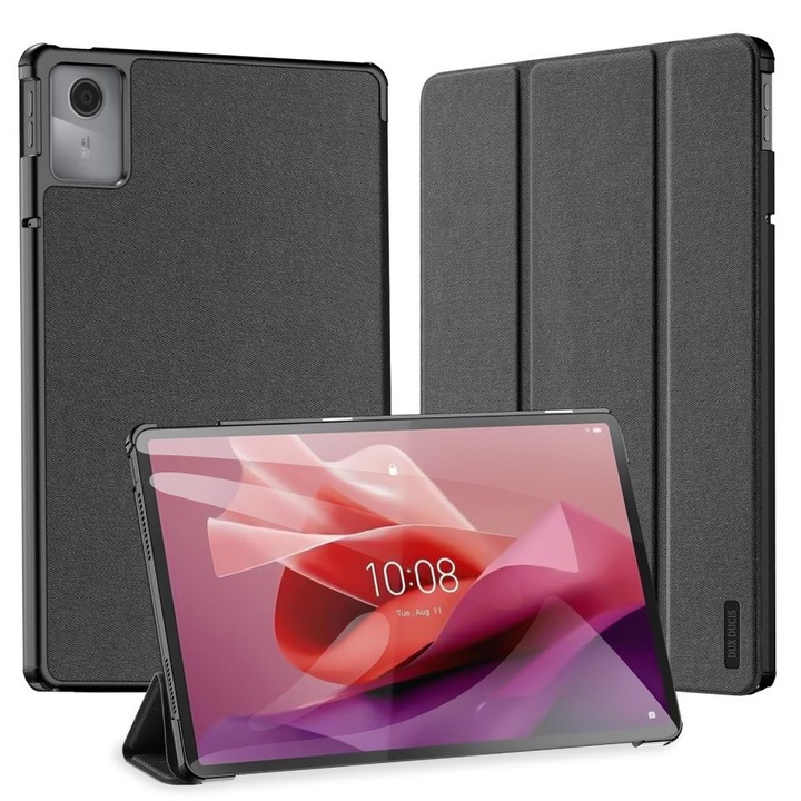 Husa tableta Dux ducis domo, in picioare, efect piele, clapeta activa, deschidere laterala, trifold, suport de birou, model textil, negru, compatibil cu: Lenovo Tab M11, TB330