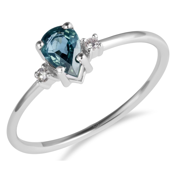 Inel Hanovra Aur Alb, Sandra Ferretti, 14K, Diamante de 0.03 Carate si Safir de 0.50 Carate