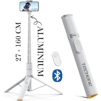 Selfie Stick Telescopic Premium Profesional Techone® Photo Buddy Light, Pentru Telefon/GoPro, Rotativ, Telecomanda, Functie Trepied, Ajustabil, H27-160 cm, aluminiu, Alb