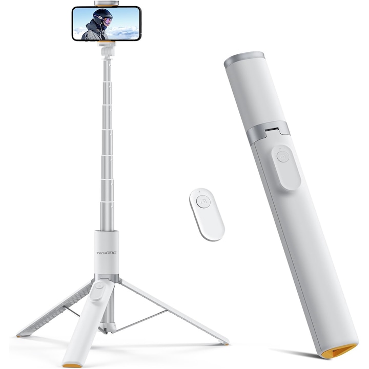 Премиум професионален телескопичен фото статив Techone® Photo Buddy Light, за телефон/GoPro, въртящ се, дистанционно управление, функция за селфи стик, регулируем, H27-160 см, алуминий, бял