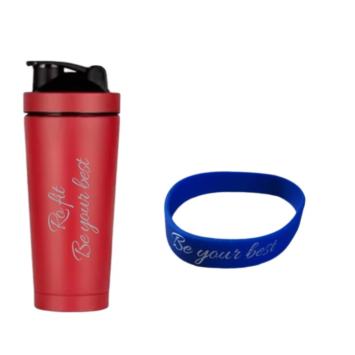 Shaker de proteine din otel inoxidabil si bratara silicon, RoFit 750 ml, rosu