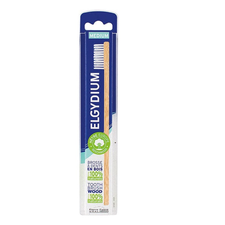 Periuta de dinti clasica Elgydium, eco-friendly, maner din lemn de fag, fibre naturale, alb/negru