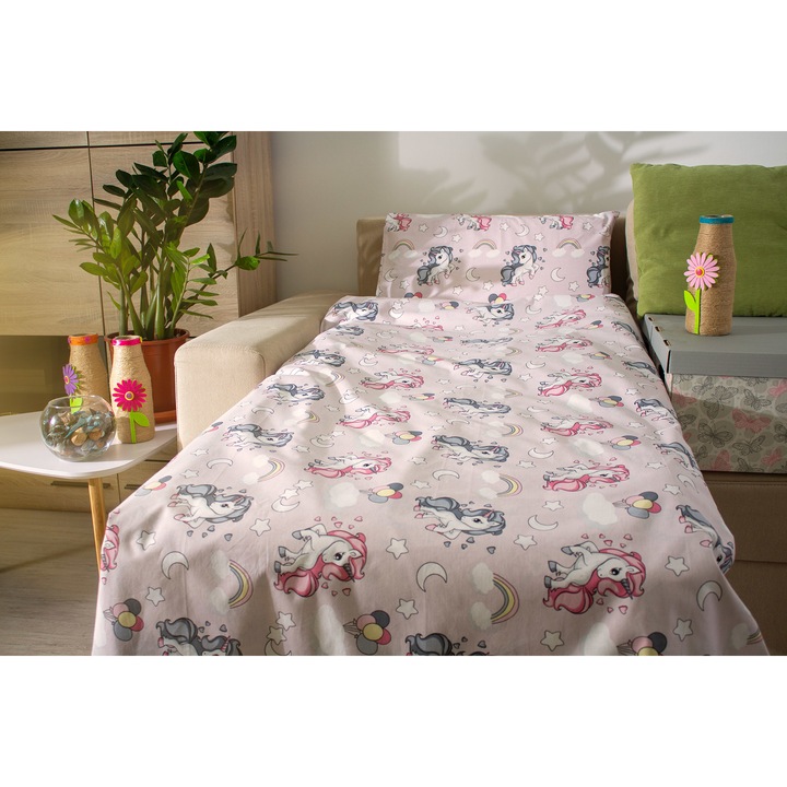 Lenjerie pat pentru fetite model Unicorn 2-12 ani, pentru saltele de 160x80x12cm