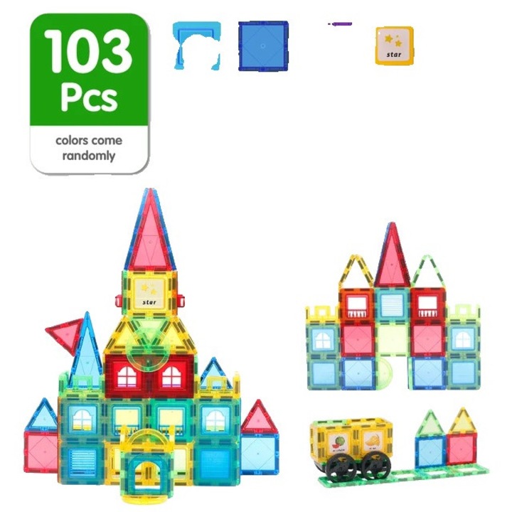 Set de constructie magnetice, STEM, Multicolor, cu stickere cognitive, 103 piese