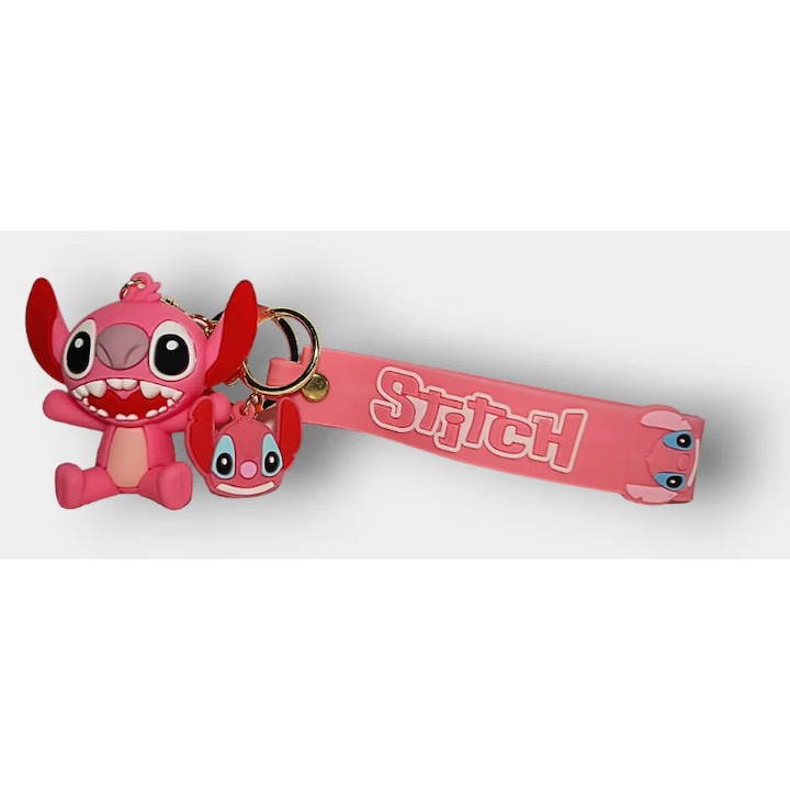 Breloc din silicon cu accesorii, chei sau ghiozdan, Stitch, roz