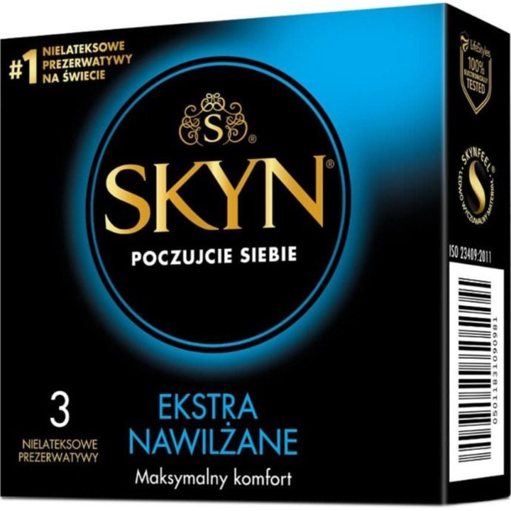 Комплект от 3 презерватива SKYN, екстра хидратирани, ултра тънки, 53x180 мм