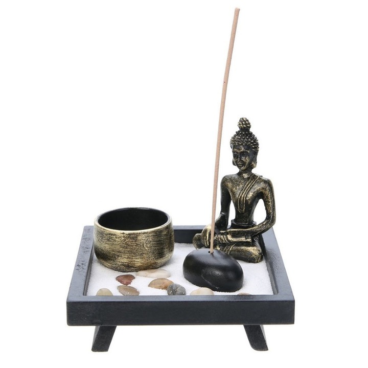 Set Decorativ cu Statuie Buddha, Suport Lumanari Bete Parfumate, Nisip, Pietre Decorative si Suport din Lemn, 12.5 x 12.5 x 3 cm