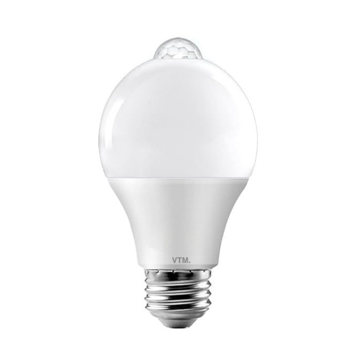 VTM LED крушка. Smart със сензор за движение, бяла светлина, охранителна крушка, вътрешна/външна, E27, 12W, 800 lm