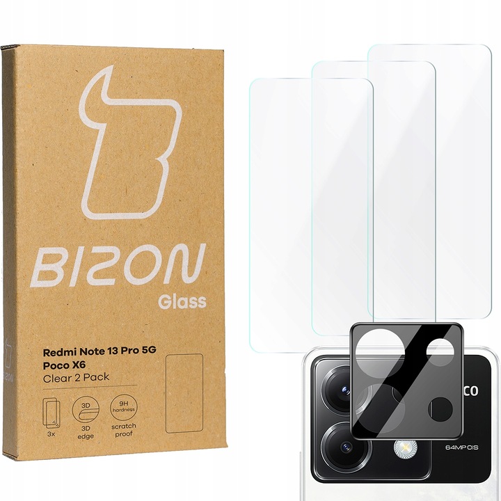 Folie de protectie Bizon Clear 2 Pack pentru Xiaomi Poco X6 / Redmi Note 13 Pro 5G, set 3 bucati + protectie alboctiv, transparent, 15.58x7.05cm