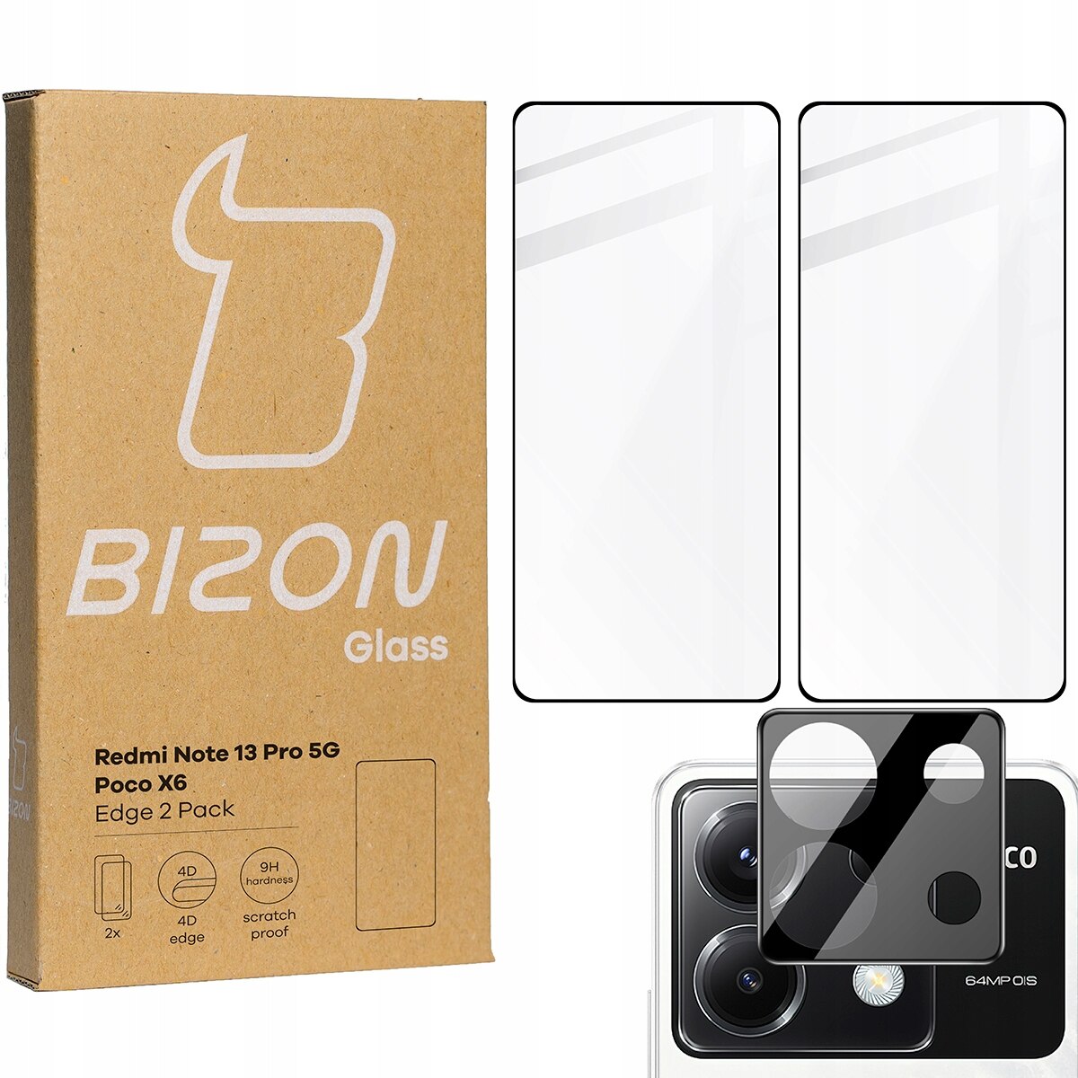 Set 2 folii de protectie ecran/camera pentru Xiaomi Poco X6/Redmi Note 13 Pro 5G, Bizon, Sticla, Transparent/Negru