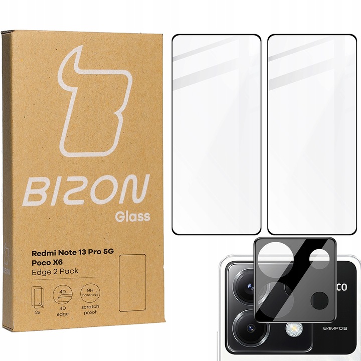 Set 2 folii de protectie ecran/camera pentru Xiaomi Poco X6/Redmi Note 13 Pro 5G, Bizon, Sticla, Transparent/Negru